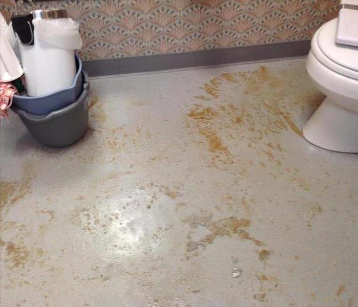 dirty, water damaged flooring in a bathroom